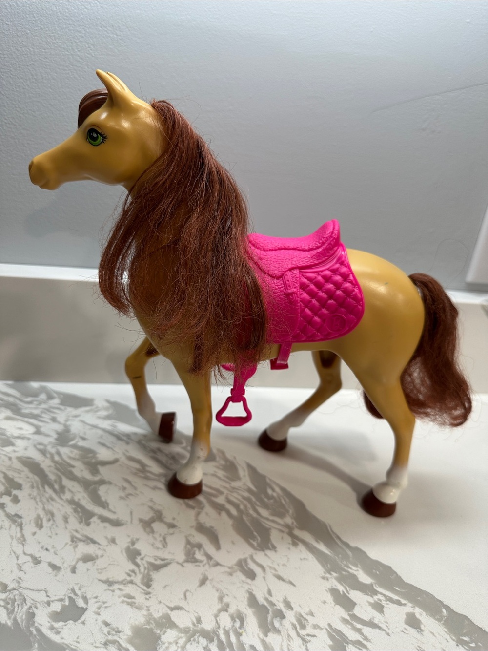 Brown Play Horse with Bright Pink Saddle for Kids